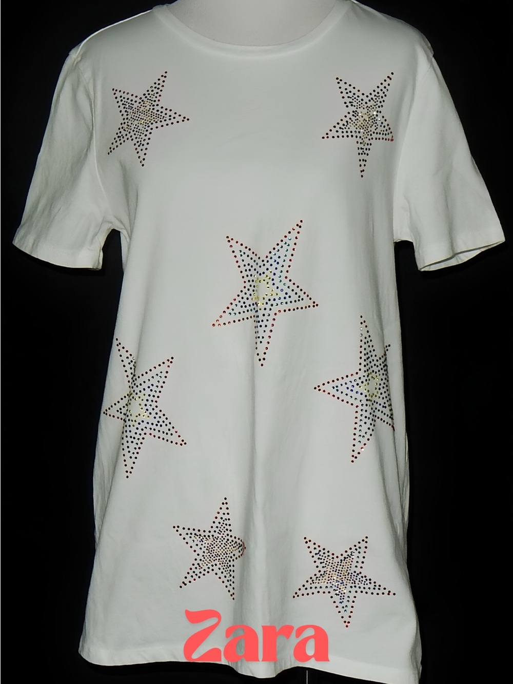 Zara White Short Sleeve Tee with Multicolor Rhinestone Stars